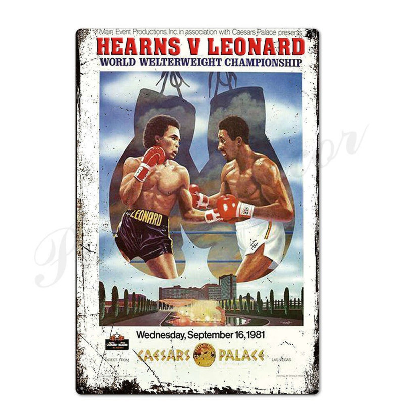 PLAQUE EN ÉTAIN BOXE HEARNS VS LEONARD  30 X 20 CM