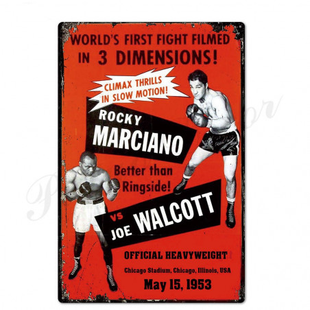 PLAQUE EN ÉTAIN BOXE MARCIANO VS WALCOTT 30 X 20 CM